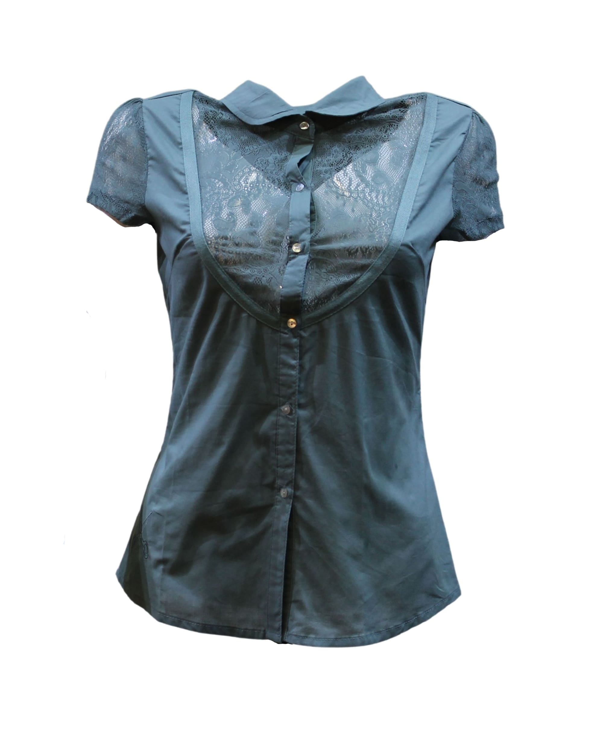 Camisa blusa mujer elegante entallada encaje manga corta cierre botones cuello camisero algodón fresca ligera estilo casual talla S color azul ✅Entrega 24/48h