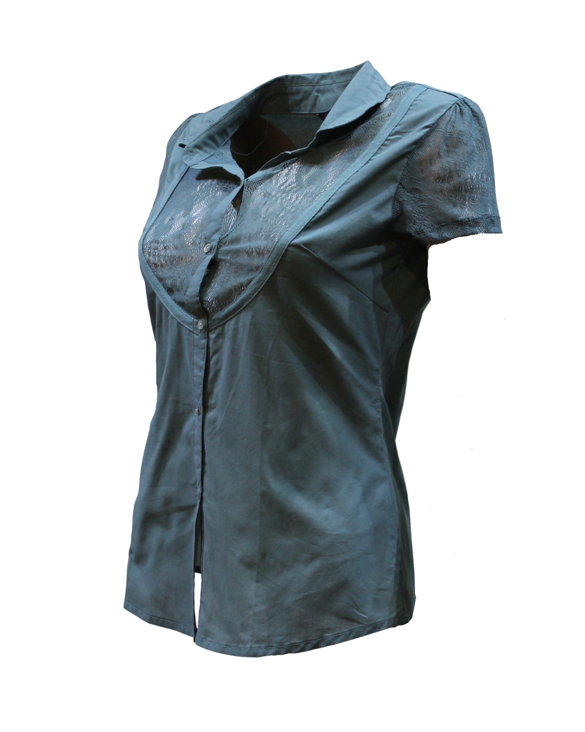 Camisa blusa mujer elegante entallada encaje manga corta cierre botones cuello camisero algodón fresca ligera estilo casual talla S color azul ✅Entrega 24/48h