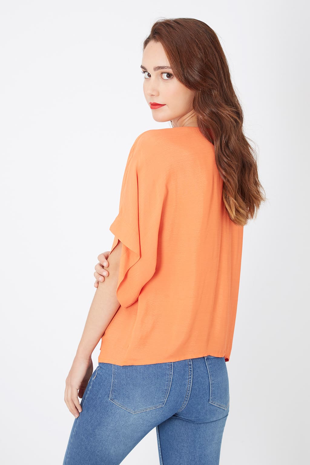 Blusa fluida mujer, top ligero estilo japonés, manga corta amplia, diseño liso, cuello redondo, corte holgado, color naranja, talla L, versátil y cómoda ✅Entrega 24/48h