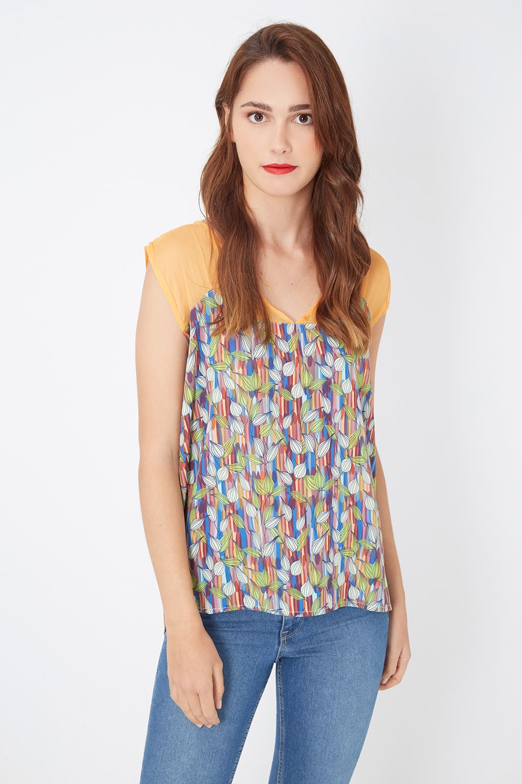 Blusa mujer estampada, top, camisa verano, escote pico, manga sisa, hombro liso, tejido mezcla viscosa ligera, cómoda y fresca, talla L, colores multicolor y mostaza, estilo casual ✅Entrega 24/48h