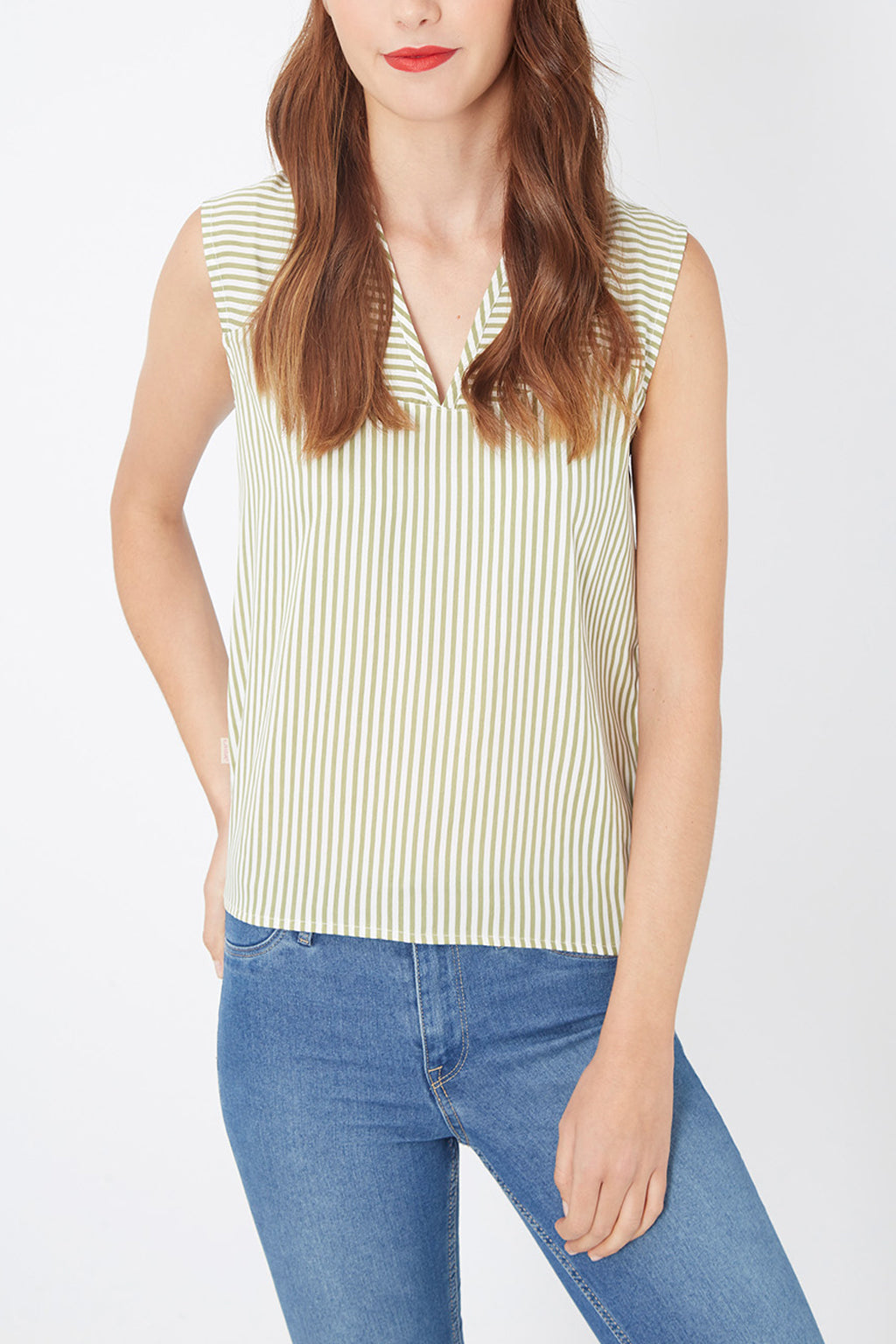Blusa sin mangas mujer, top rayas verticales, escote en V, corte relajado, tela ligera transpirable, estilo casual elegante, color beige verde, talla L, look oficina urbano, versátil cómoda ✅Entrega 24/48h