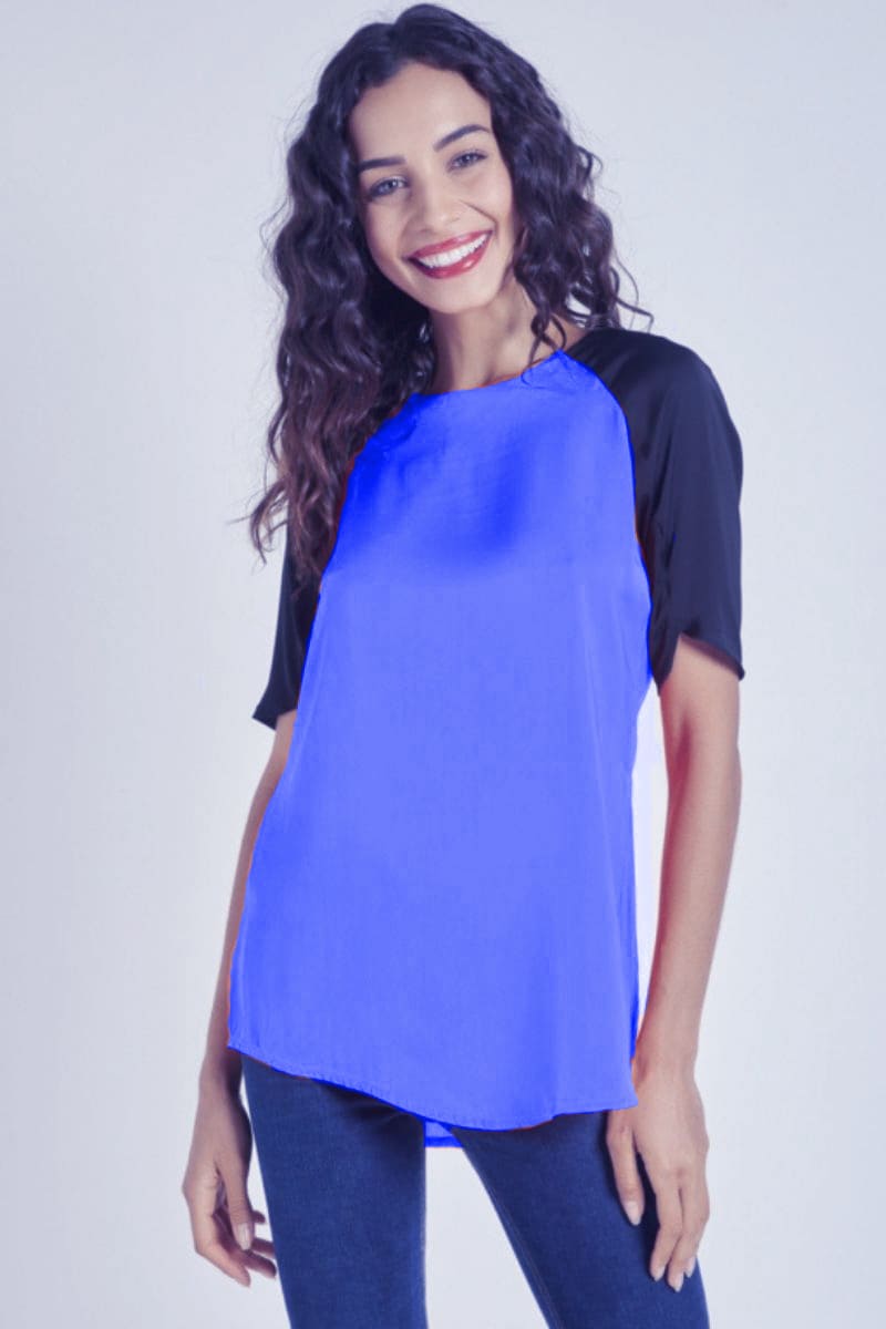 Blusa satinada mujer, top femenino cuello redondo, manga corta contraste negra, cierre cremallera trasera, cómoda, fresca, estilo casual elegante, color azul, talla S ✅Entrega 24/48h
