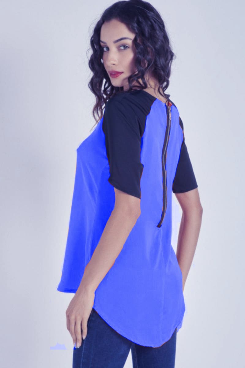 Blusa satinada mujer, top femenino cuello redondo, manga corta contraste negra, cierre cremallera trasera, cómoda, fresca, estilo casual elegante, color azul, talla S ✅Entrega 24/48h