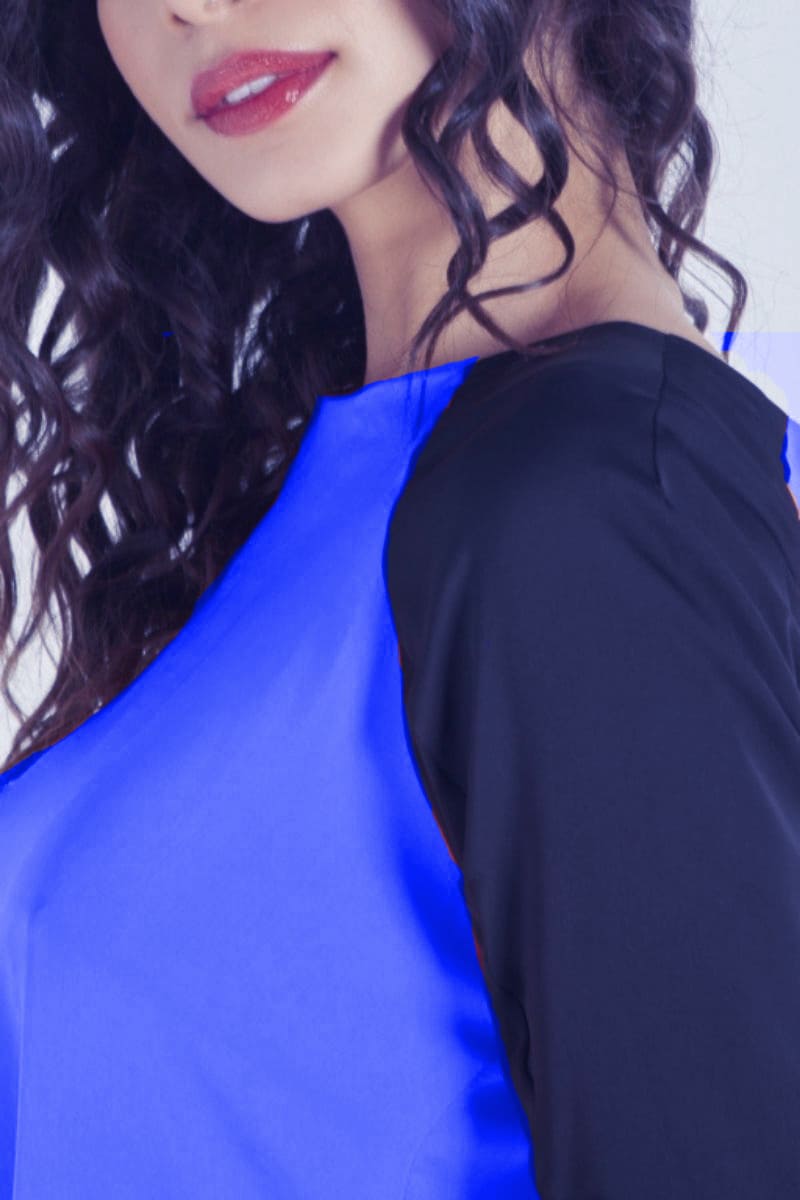 Blusa satinada mujer, top femenino cuello redondo, manga corta contraste negra, cierre cremallera trasera, cómoda, fresca, estilo casual elegante, color azul, talla S ✅Entrega 24/48h