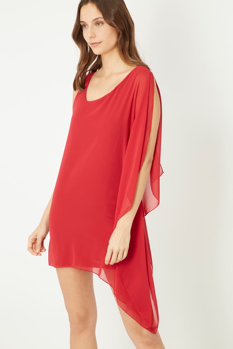 Vestido asimétrico mujer, dress one shoulder, modelo semitransparente, tul elegante, diseño liso, corte mini, manga mariposa, tirantes anchos, color rojo, talla S, cómodo y chic ✅Entrega 24/48h