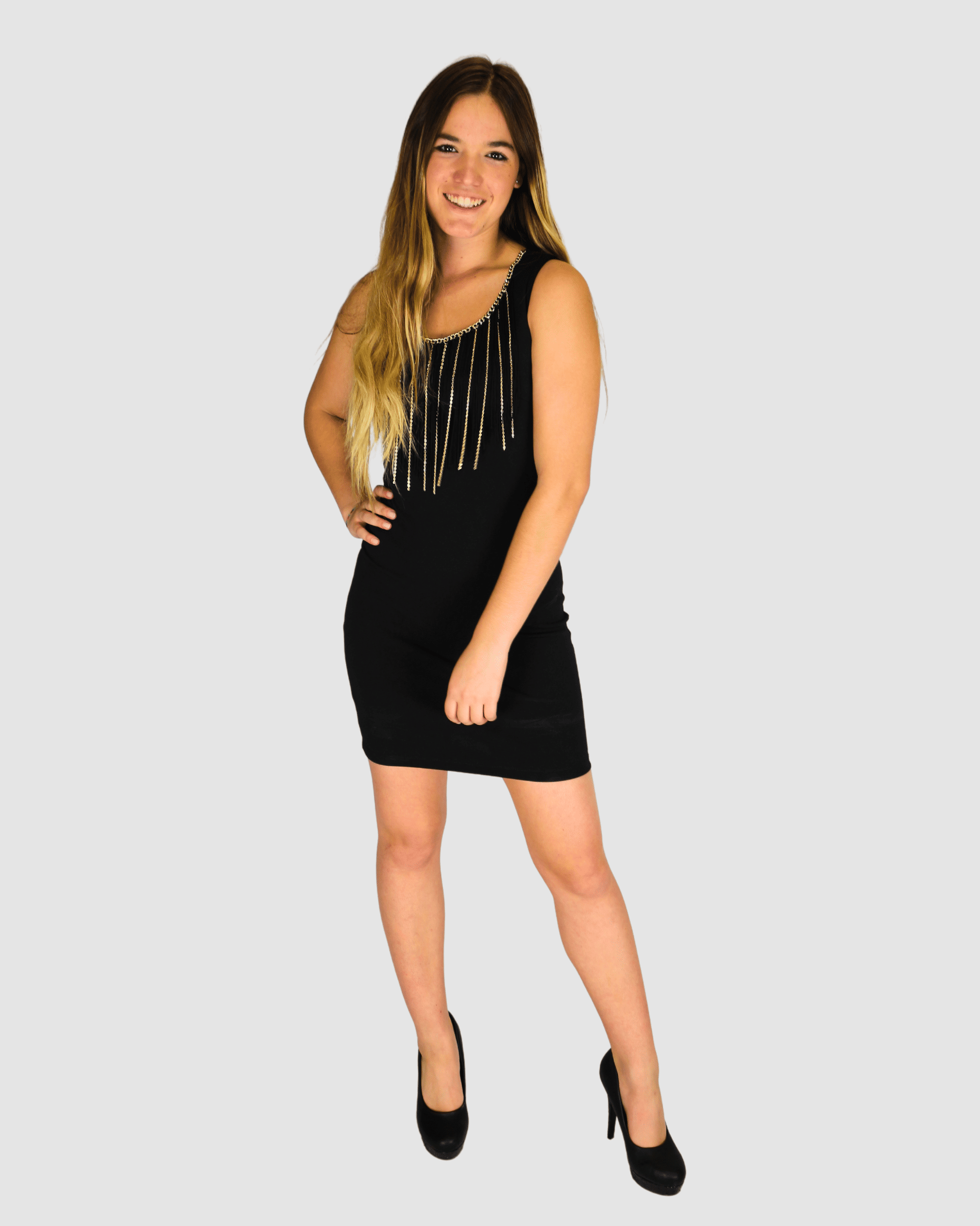 Vestido entallado mujer, dress sin mangas, diseño cadenas, escote redondo, cierre cremallera trasera, estilo elegante y moderno, perfecto noche o fiesta, color negro, talla S, cómodo y versátil ✅Entrega 24/48h