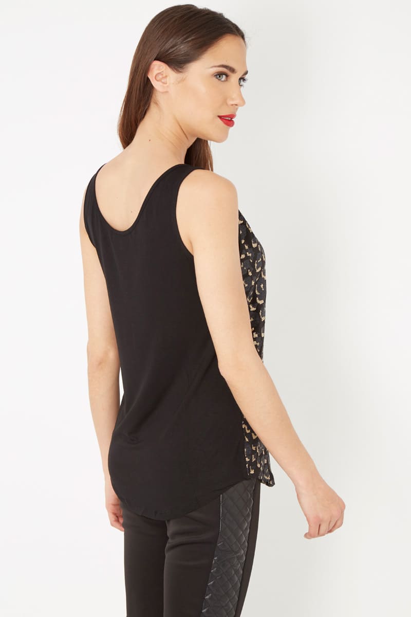 Top sin mangas lentejuelas mujer, blusa brillante escote U, bajo asimétrico, diseño elegante, tejido poliéster, ideal fiesta, noche, fácil de combinar, talla S, negro dorado, cómodo versátil ✅Entrega 24/48h