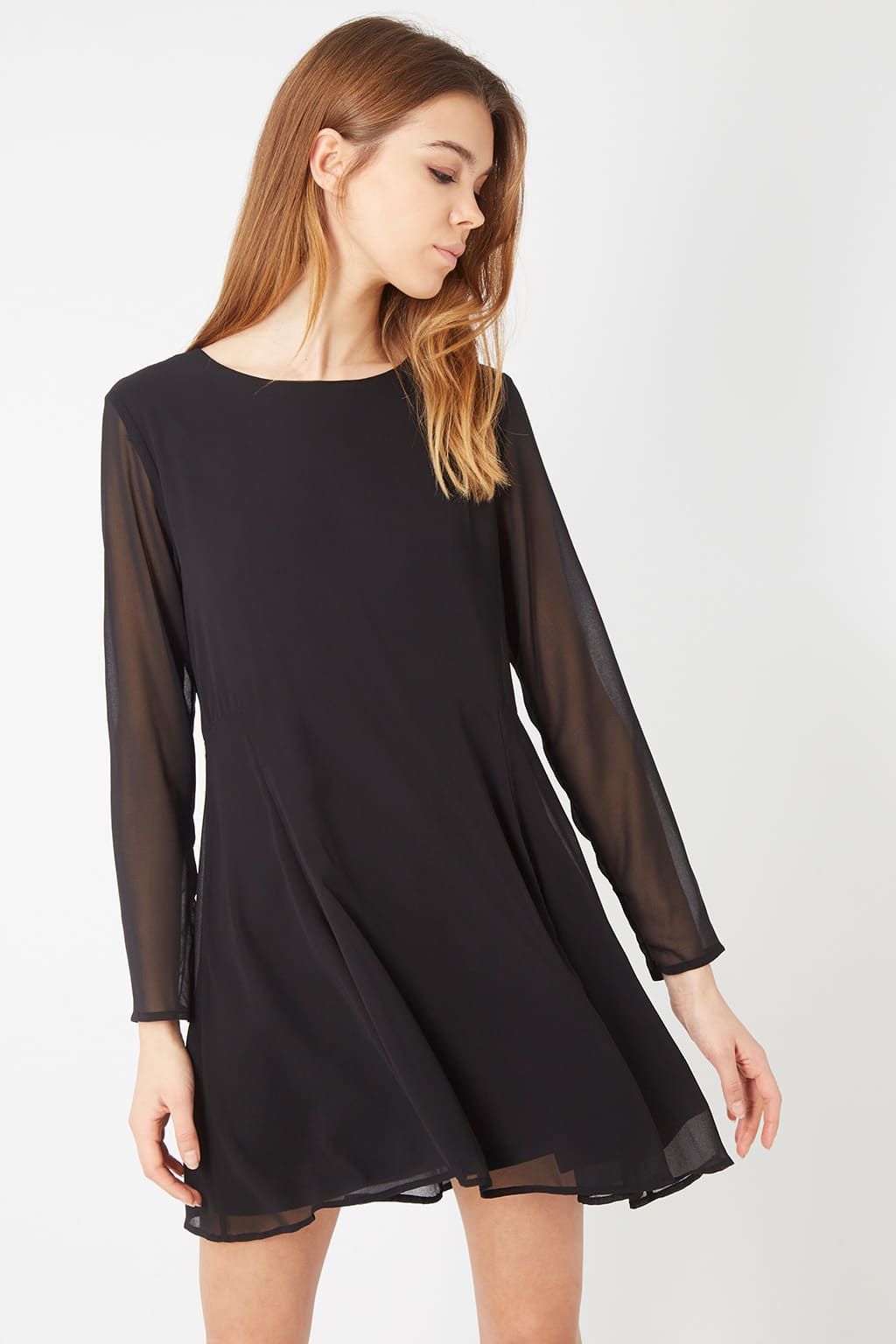 Vestido mujer muselina semitransparente dress outfit elegante manga larga escote redondo gota trasera forro cómodo poliéster liso color negro talla L ✅Entrega 24/48h