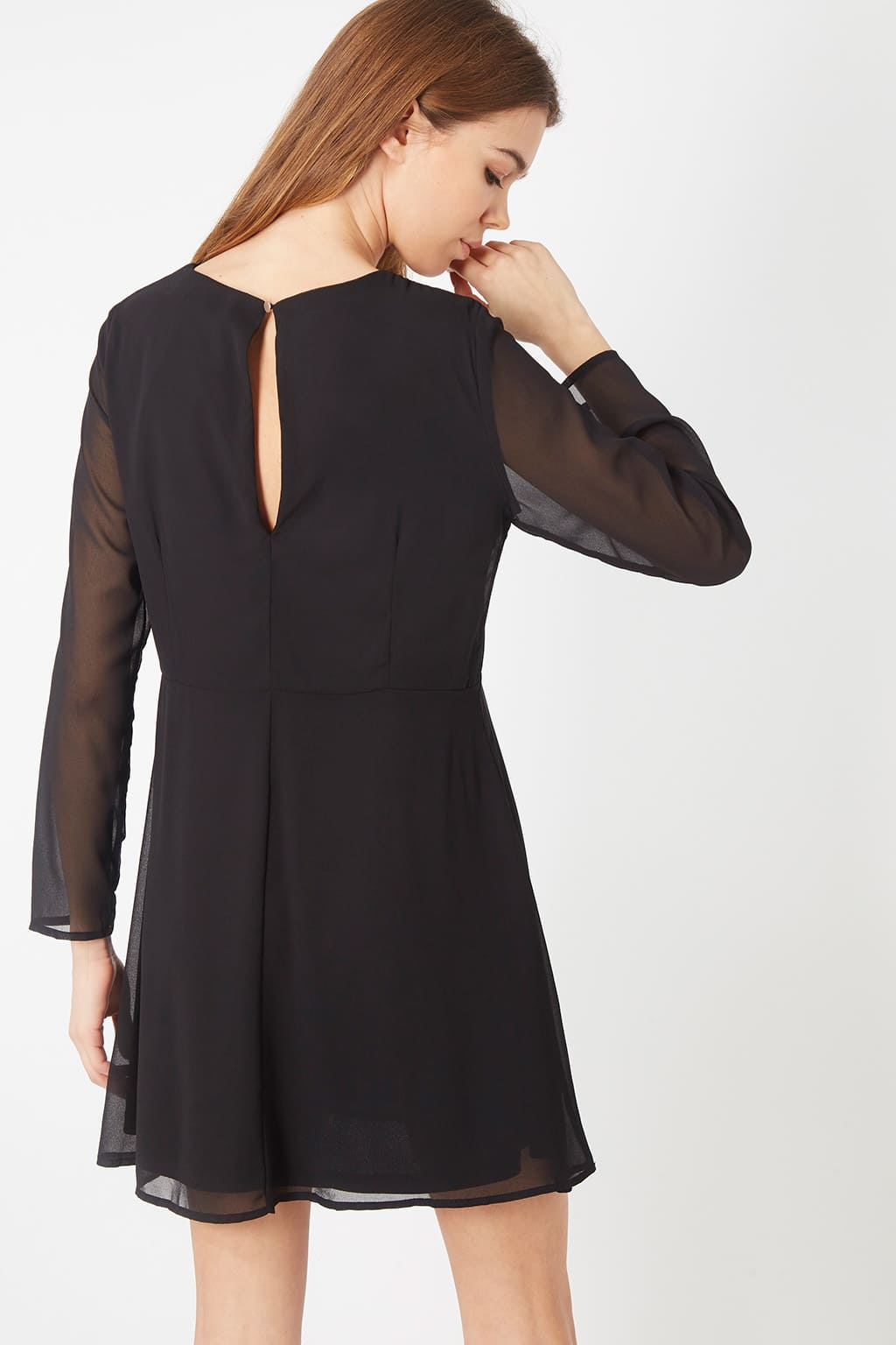 Vestido mujer muselina semitransparente dress outfit elegante manga larga escote redondo gota trasera forro cómodo poliéster liso color negro talla L ✅Entrega 24/48h