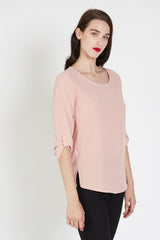 Blusa mujer rosa Love & Money modelo K69371, manga 3/4 ajustable, cuello redondo, bajo asimétrico, forro interior, talla L, estilo casual elegante, fresca y cómoda ✅Entrega 24/48h