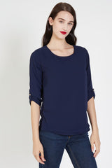 Blusa mujer elegante camisa top manga 3/4 ajustable bajo asimétrico forro interior cuello redondo azul marino talla L cómodo versátil ideal oficina casual Love & Money ✅Entrega 24/48h
