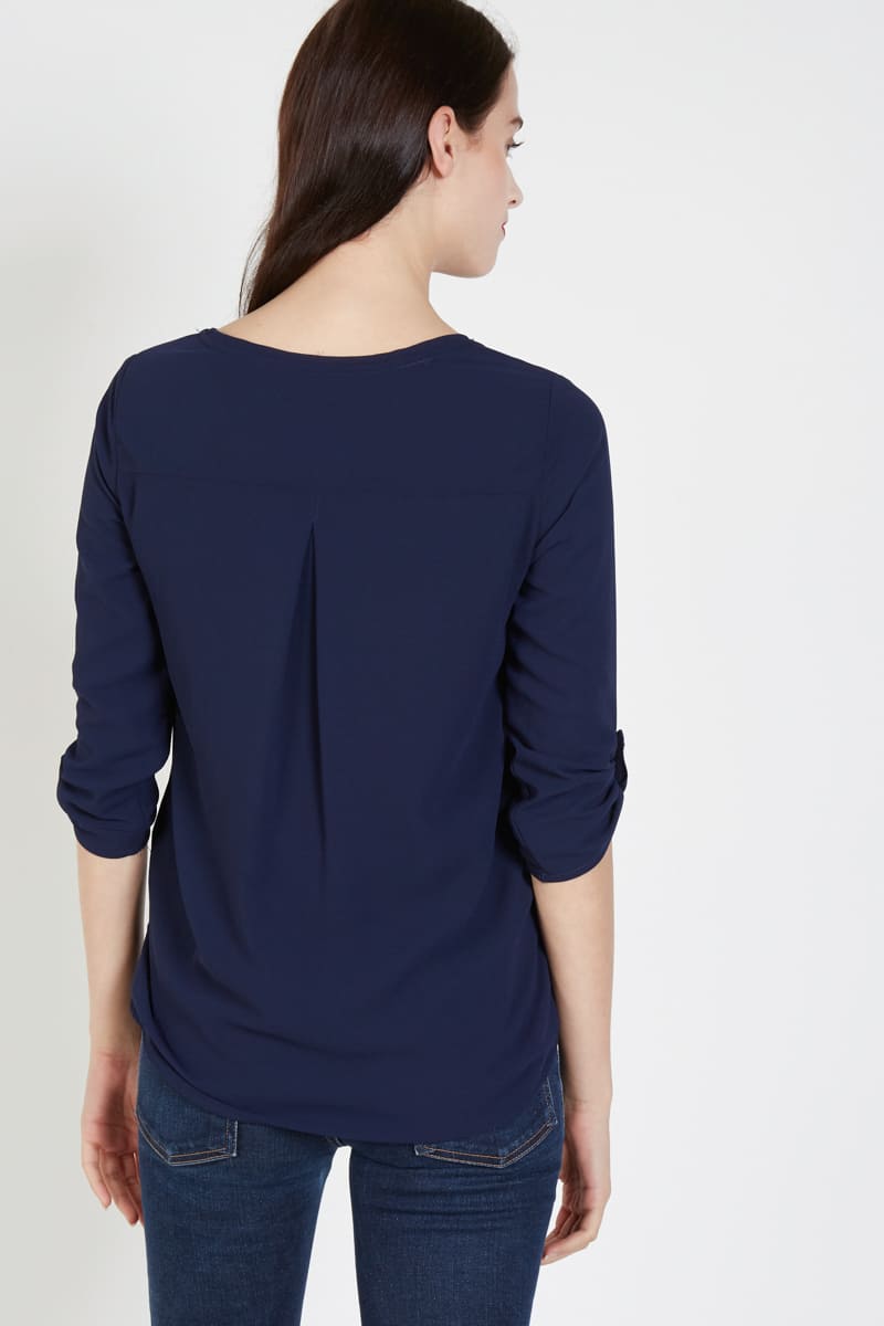 Blusa mujer elegante camisa top manga 3/4 ajustable bajo asimétrico forro interior cuello redondo azul marino talla L cómodo versátil ideal oficina casual Love & Money ✅Entrega 24/48h