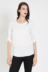 Blusa blanca mujer, camisa manga 3/4 ajustable, cuello redondo, corte asimétrico, forro interior, Love & Money K69371, elegante, fresca, cómoda, disponible talla L, ideal oficina, looks casuales ✅Entrega 24/48h