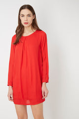 Vestido corto mujer dress elegante liso semitransparente manga larga forro interior pinzas escote redondo abertura gota espalda modelo Love & Money K69377 rojo talla L cómodo versátil fiesta ✅Entrega 24/48h