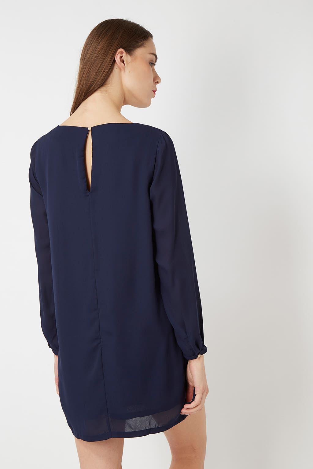 Vestido mujer dress outfit tejido semitransparente elegante largo mini manga larga pinzas forro diseño liso abertura gota espalda azul marino talla L cómodo y versátil ✅Entrega 24/48h