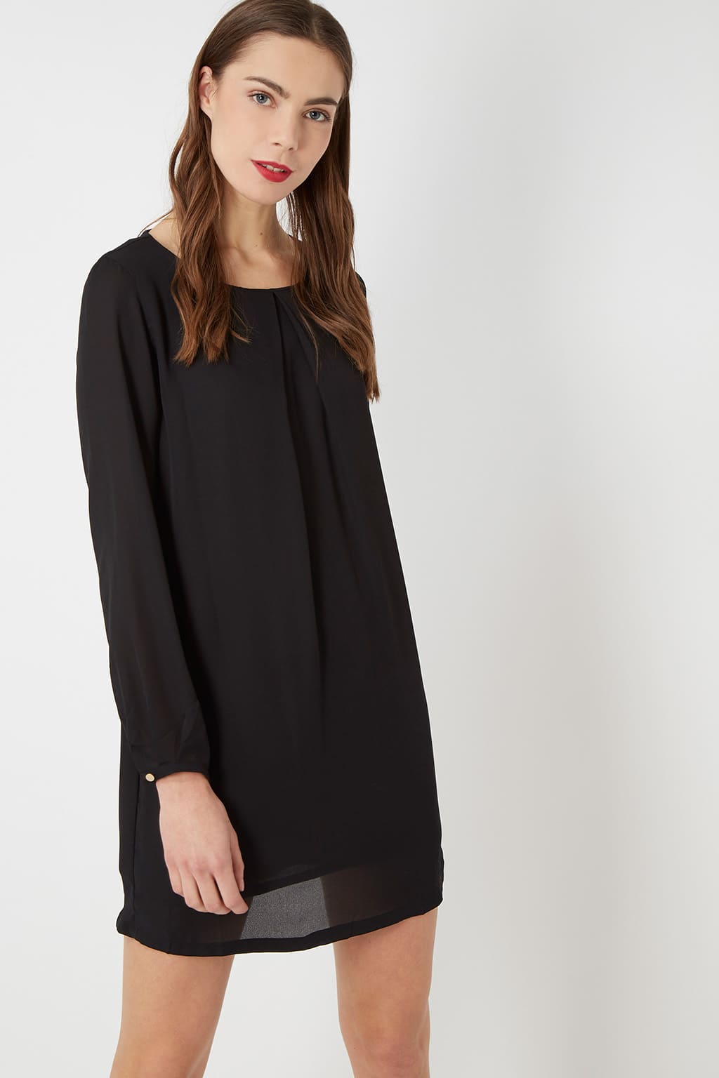 Vestido mujer corto dress tejido semitransparente detalles pinzas diseño liso manga larga forro apertura trasera gota elegante cómodo ideal eventos talla L outfit formal Color negro ✅Entrega 24/48h