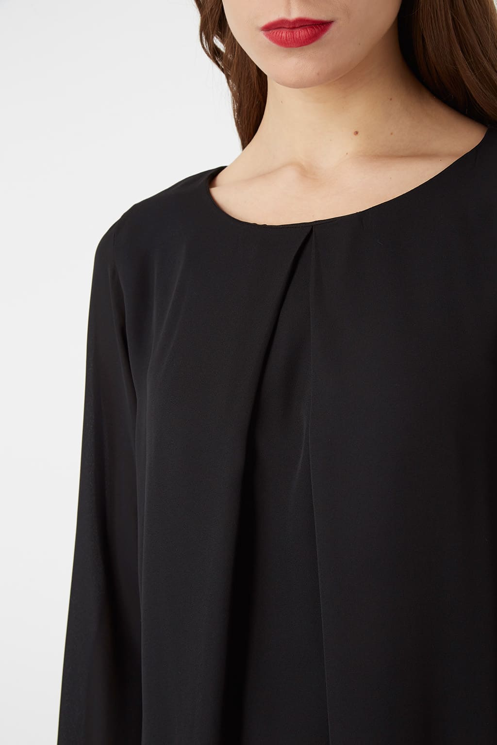Vestido mujer corto dress tejido semitransparente detalles pinzas diseño liso manga larga forro apertura trasera gota elegante cómodo ideal eventos talla L outfit formal Color negro ✅Entrega 24/48h