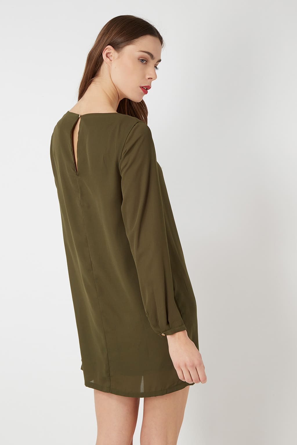 Vestido mujer corto liso semitransparente Love Money K69377, manga larga, pinzas, forro interior, abertura trasera, tejido ligero estilo elegante color verde talla L ✅Entrega 24/48h
