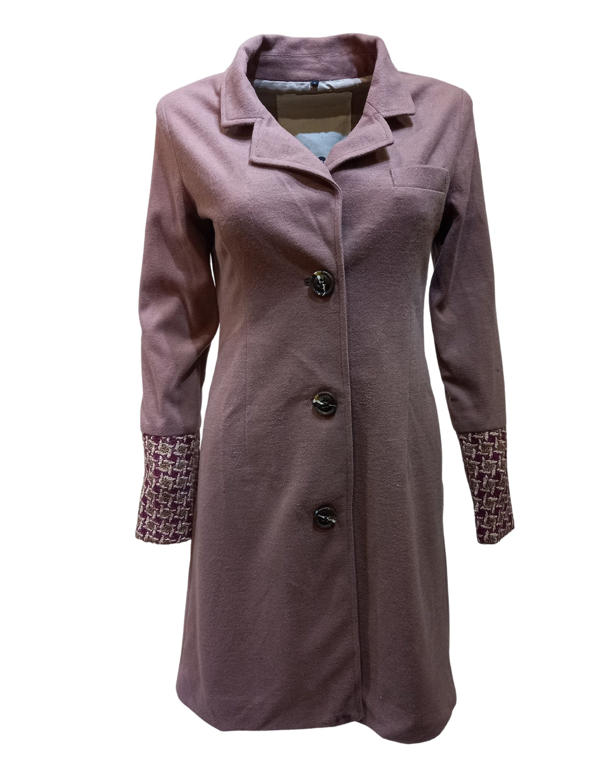 Abrigo mujer paño lana mixta solapa manga larga abertura pico botones bolsillos detalles contraste elegante cómodo color malva talla S ✅Entrega 24/48h
