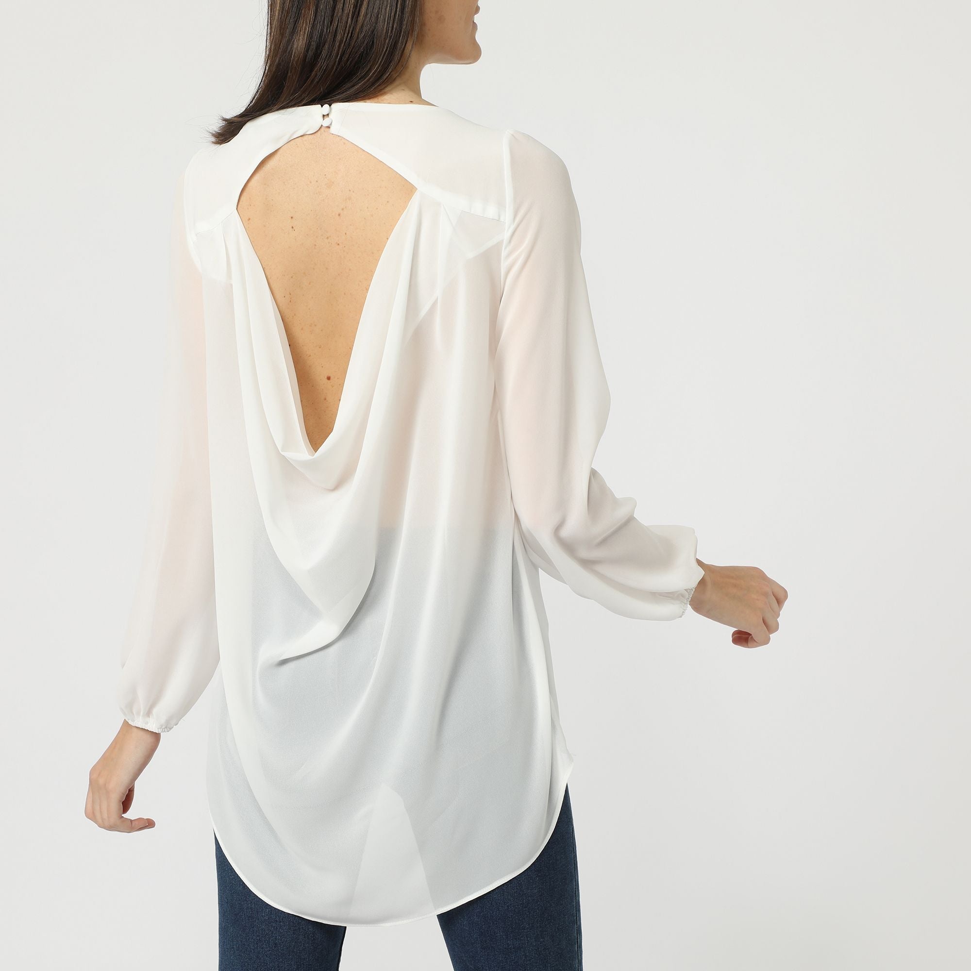 Blusa elegante mujer gasa ligera manga larga calados escote sofisticado versátil color blanco talla L ideal oficina eventos casuales cómoda y moderna outfit femenino ✅Entrega 24/48h