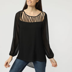Blusa mujer transparente, shirt top manga larga, escote tiras geométrico, gasa ligera, urban office elegante, negro, talla L, look versátil, combina jeans sastre, sofisticada, cómoda, fashion style, disponible varios colores ✅Entrega 24/48h