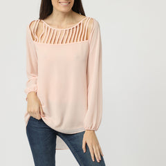 Blusa mujer fluida elegante, camisa top mangas largas, escote geométrico y tiras, diseño urbano versátil, tejido suave, look casual oficina eventos, color rosa talla L ✅Entrega 24/48h