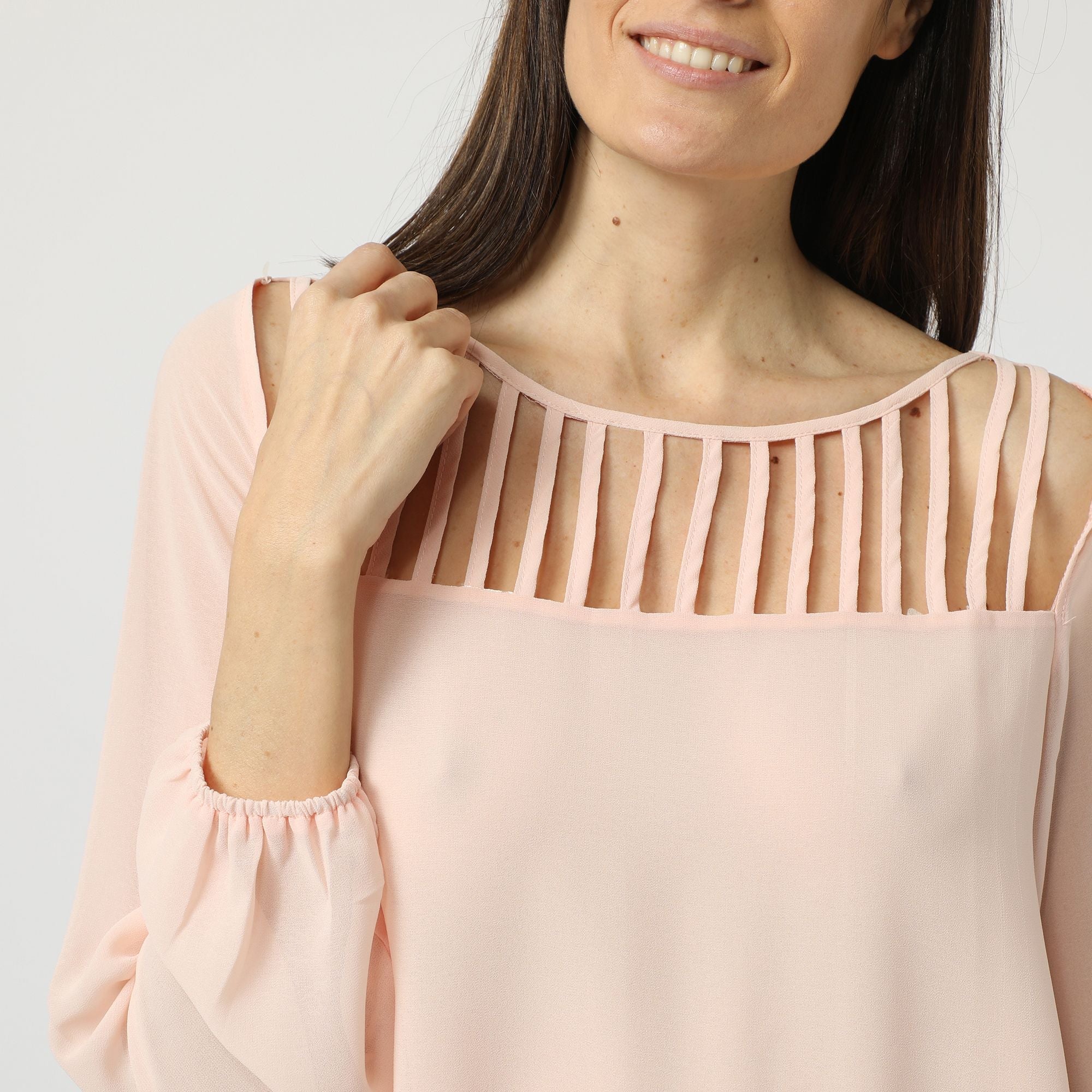 Blusa mujer fluida elegante, camisa top mangas largas, escote geométrico y tiras, diseño urbano versátil, tejido suave, look casual oficina eventos, color rosa talla L ✅Entrega 24/48h