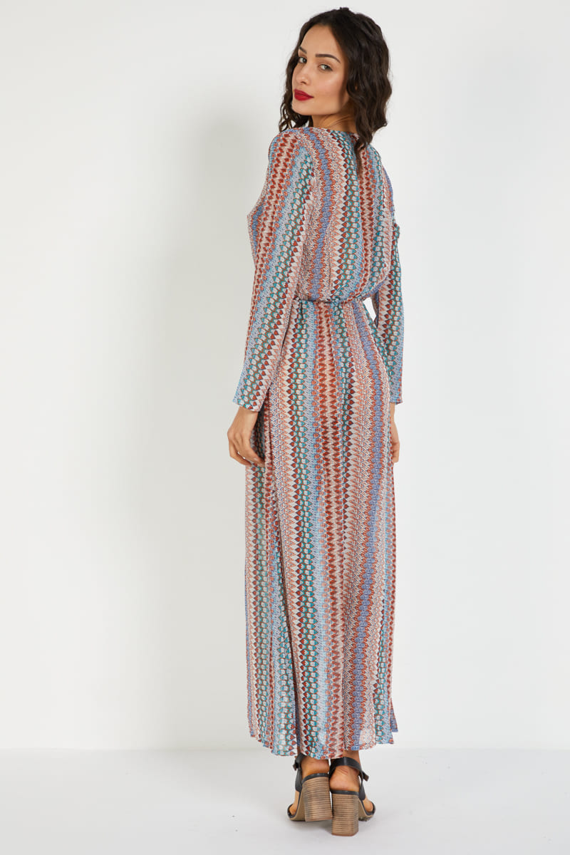 Vestido largo mujer, dress recto, diseño geométrico colorido, manga larga, cuello redondo, modelo cómodo y versátil, ideal outfits casual elegantes, talla L disponible, material ligero transpirable - Multicolor ✅Entrega 24/48h