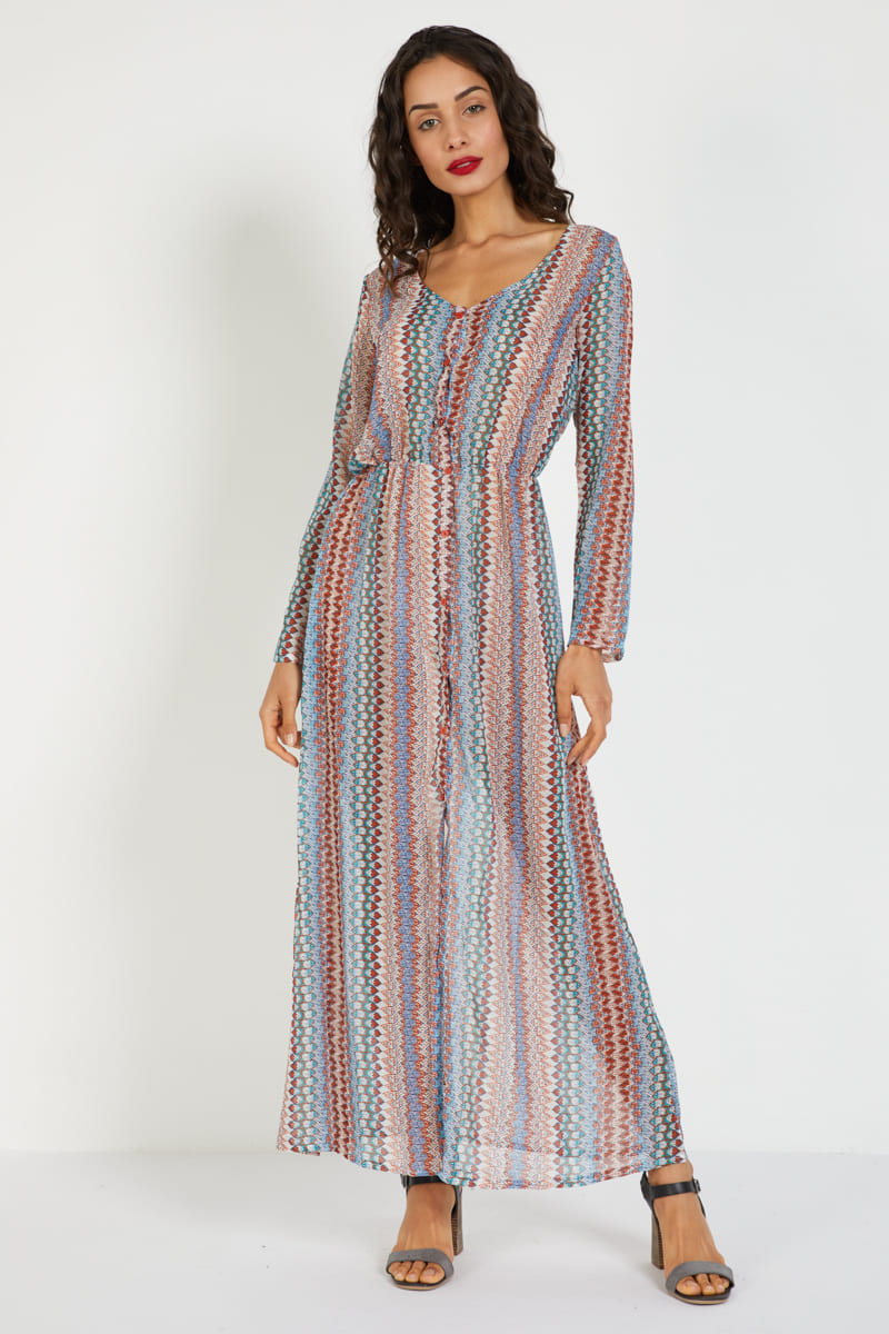 Vestido largo mujer, dress recto, diseño geométrico colorido, manga larga, cuello redondo, modelo cómodo y versátil, ideal outfits casual elegantes, talla L disponible, material ligero transpirable - Multicolor ✅Entrega 24/48h