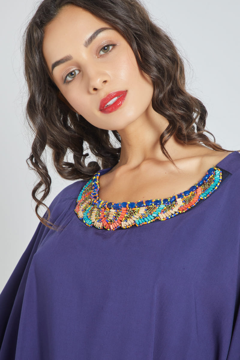Vestido holgado mujer, dress boho chic cuello decorativo piedras, manga larga, corte oversize, estilo versátil elegante, tejido suave, color azul, talla L, ideal eventos y oficina ✅Entrega 24/48h