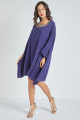 Vestido holgado mujer, dress boho chic cuello decorativo piedras, manga larga, corte oversize, estilo versátil elegante, tejido suave, color azul, talla L, ideal eventos y oficina ✅Entrega 24/48h