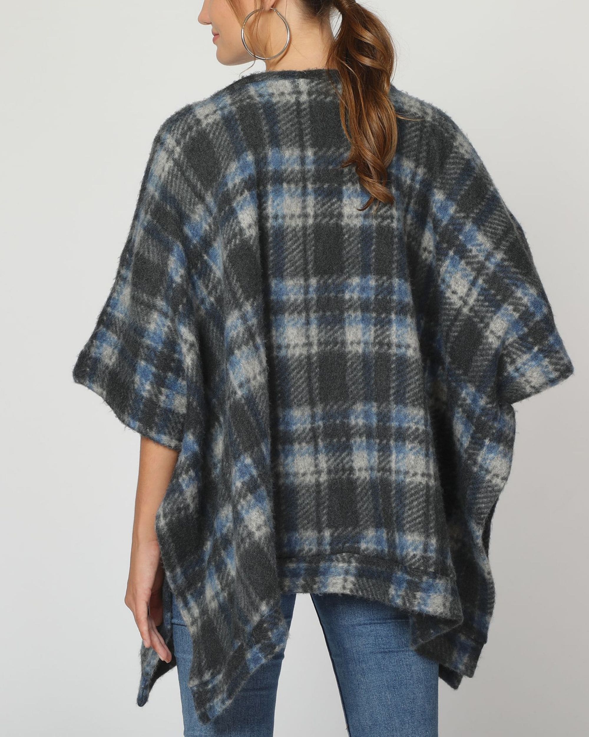 Poncho mujer estilo jersey oversize cuadros manga corta cuello redondo tejido punto suave bolsillos delantero azul gris L cómodo versátil tendencia otoño invierno ✅Entrega 24/48h