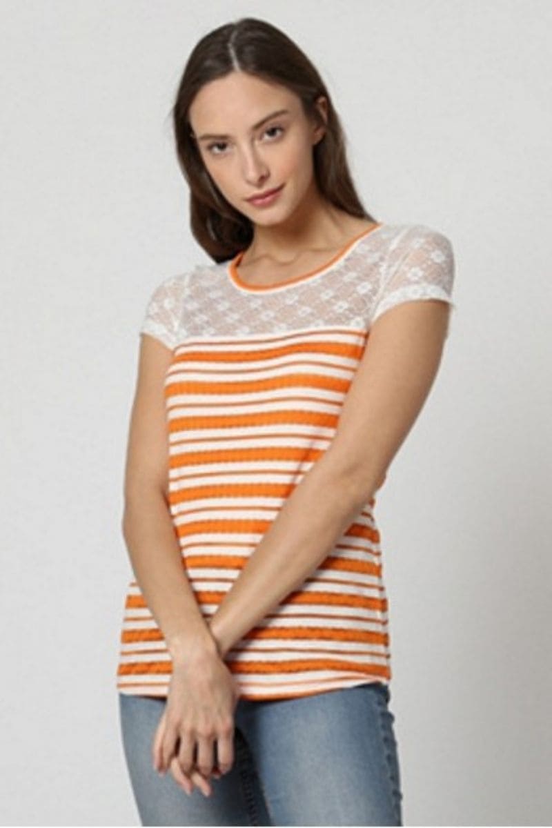 Polo top rayas mujer camiseta encaje manga corta texturas mix tendencia verano modelo actual tejido ligero diseño exclusivo tallas S naranja blanco cómodo fresco versátil diario moda casual urbana ✅Entrega 24/48h