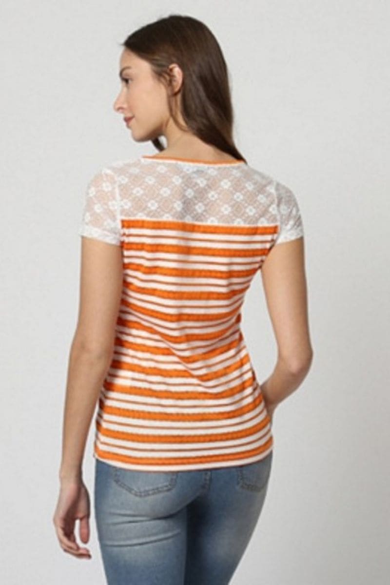 Polo top rayas mujer camiseta encaje manga corta texturas mix tendencia verano modelo actual tejido ligero diseño exclusivo tallas S naranja blanco cómodo fresco versátil diario moda casual urbana ✅Entrega 24/48h