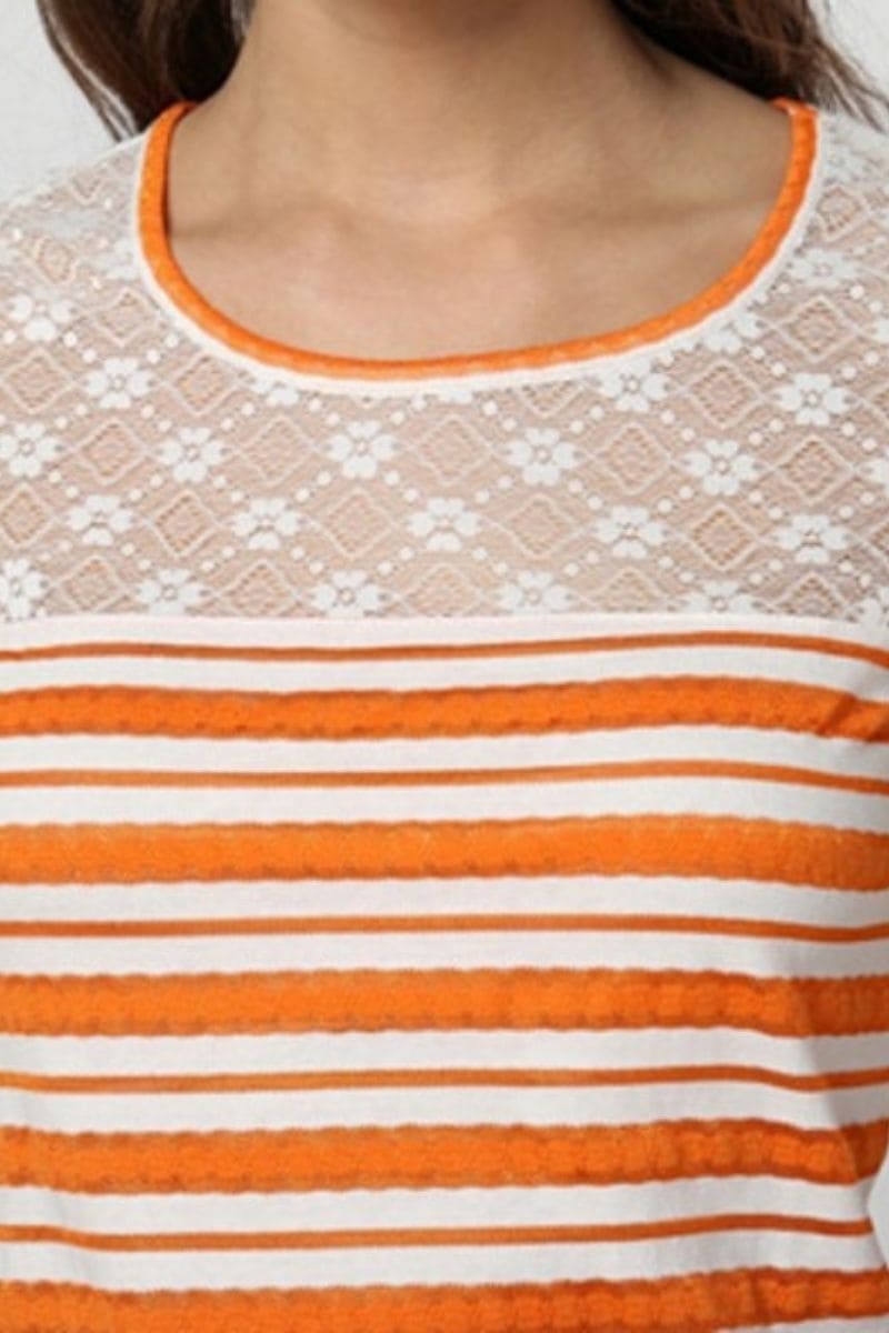Polo top rayas mujer camiseta encaje manga corta texturas mix tendencia verano modelo actual tejido ligero diseño exclusivo tallas S naranja blanco cómodo fresco versátil diario moda casual urbana ✅Entrega 24/48h
