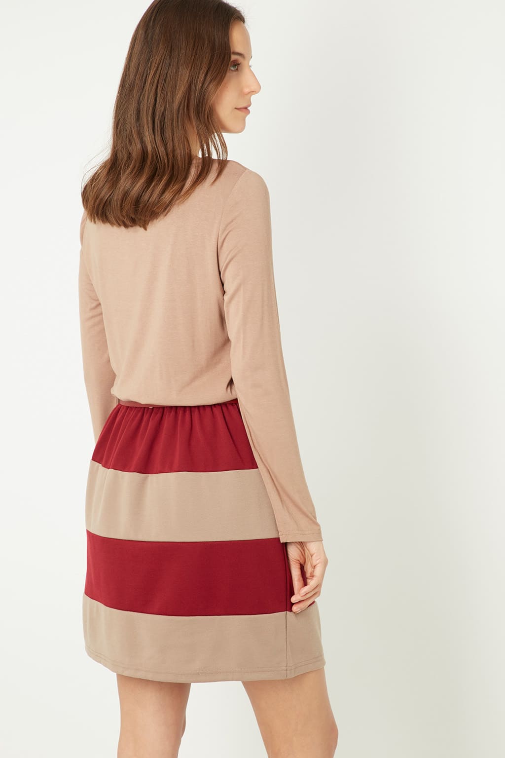 Vestido mujer manga larga dress escote abierto cintura elástica cinturón rayas banda burdeos camel estilo casual cómodo versátil talla L moda temporada otoño invierno ✅Entrega 24/48h