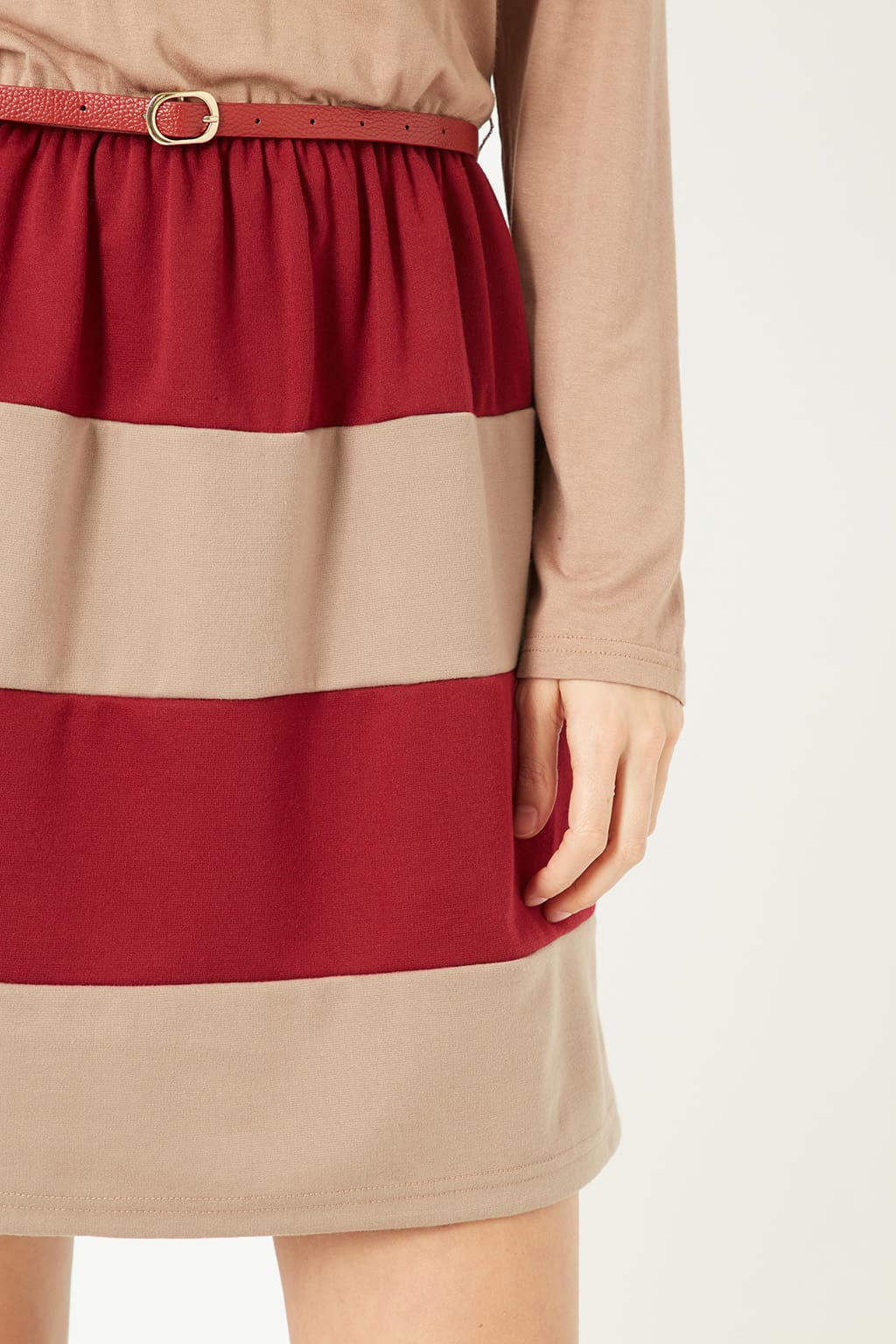 Vestido mujer manga larga dress escote abierto cintura elástica cinturón rayas banda burdeos camel estilo casual cómodo versátil talla L moda temporada otoño invierno ✅Entrega 24/48h