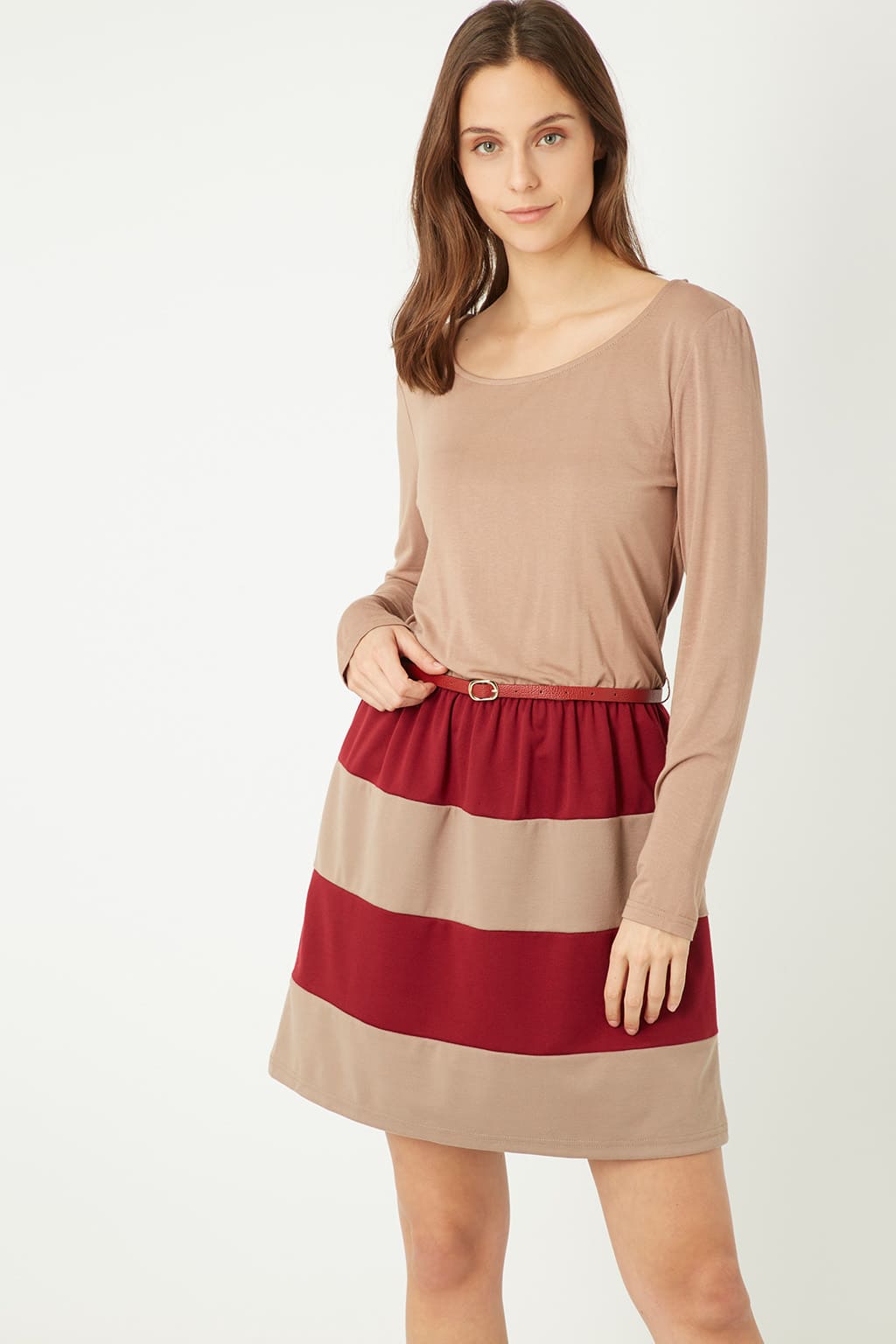 Vestido mujer manga larga dress escote abierto cintura elástica cinturón rayas banda burdeos camel estilo casual cómodo versátil talla L moda temporada otoño invierno ✅Entrega 24/48h