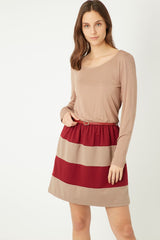 Vestido mujer manga larga dress escote abierto cintura elástica cinturón rayas banda burdeos camel estilo casual cómodo versátil talla L moda temporada otoño invierno ✅Entrega 24/48h