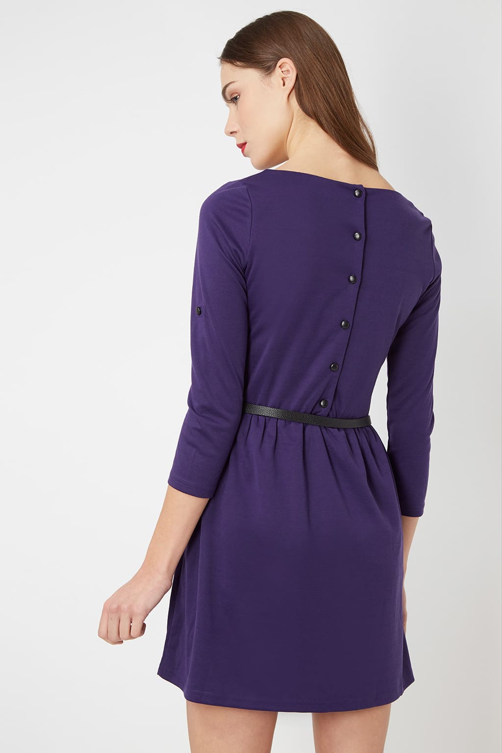 Vestido mujer casual dress falda corta manga larga cintura elástica cinturón ajustable regulable cuello redondo cierre trasero botones cómodo versátil moderno L morado ✅Entrega 24/48h