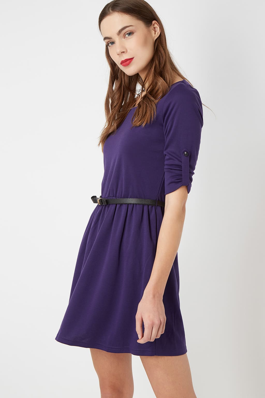 Vestido mujer casual dress falda corta manga larga cintura elástica cinturón ajustable regulable cuello redondo cierre trasero botones cómodo versátil moderno L morado ✅Entrega 24/48h