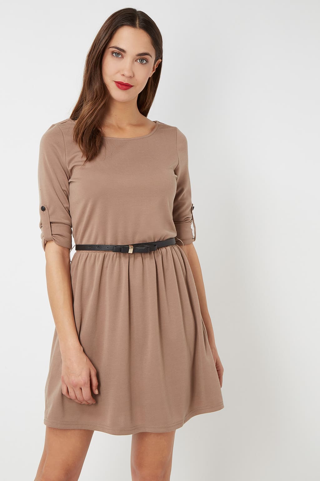 Vestido corto mujer, dress manga larga regulable botón, cuello redondo, cintura elástica con cinturón, diseño cómodo casual elegante, color camel, talla L, ideal outfit versátil ✅Entrega 24/48h