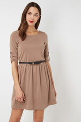 Vestido corto mujer, dress manga larga regulable botón, cuello redondo, cintura elástica con cinturón, diseño cómodo casual elegante, color camel, talla L, ideal outfit versátil ✅Entrega 24/48h