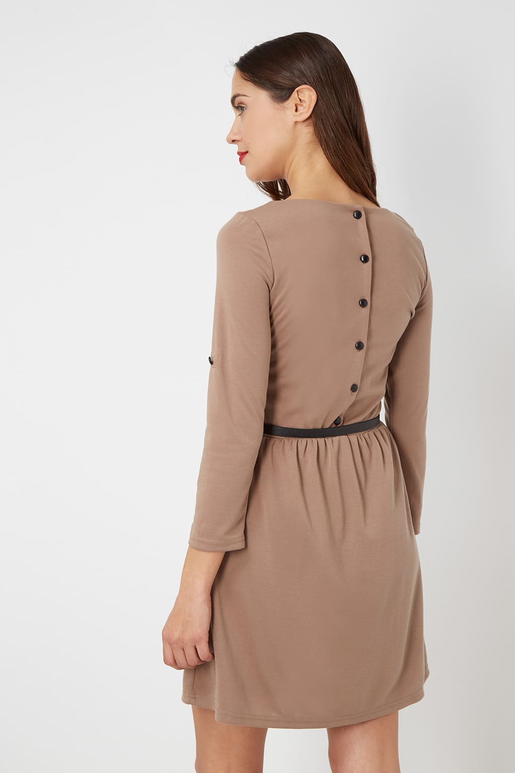 Vestido corto mujer, dress manga larga regulable botón, cuello redondo, cintura elástica con cinturón, diseño cómodo casual elegante, color camel, talla L, ideal outfit versátil ✅Entrega 24/48h