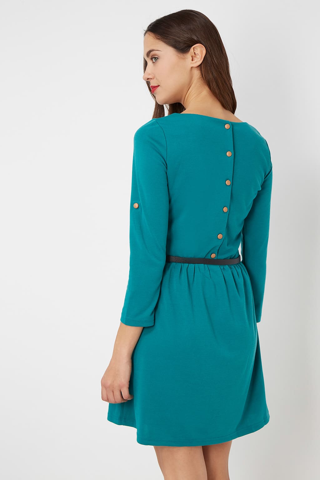 Vestido femenino dress casual manga larga regulable cinturón elástico corte corto cuello redondo botones espalda modelo LA-010132 color verde talla L cómodo versátil elegante ✅Entrega 24/48h