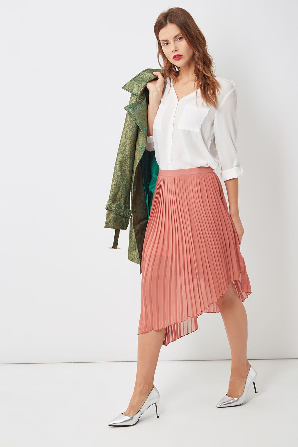 Falda plisada midi asimétrica rosa elegante mujer outfit oficina fiesta corte fluido, tela ligera, look sofisticado femenino, talla L, ideal primavera verano, cómodo versátil ✅Entrega 24/48h