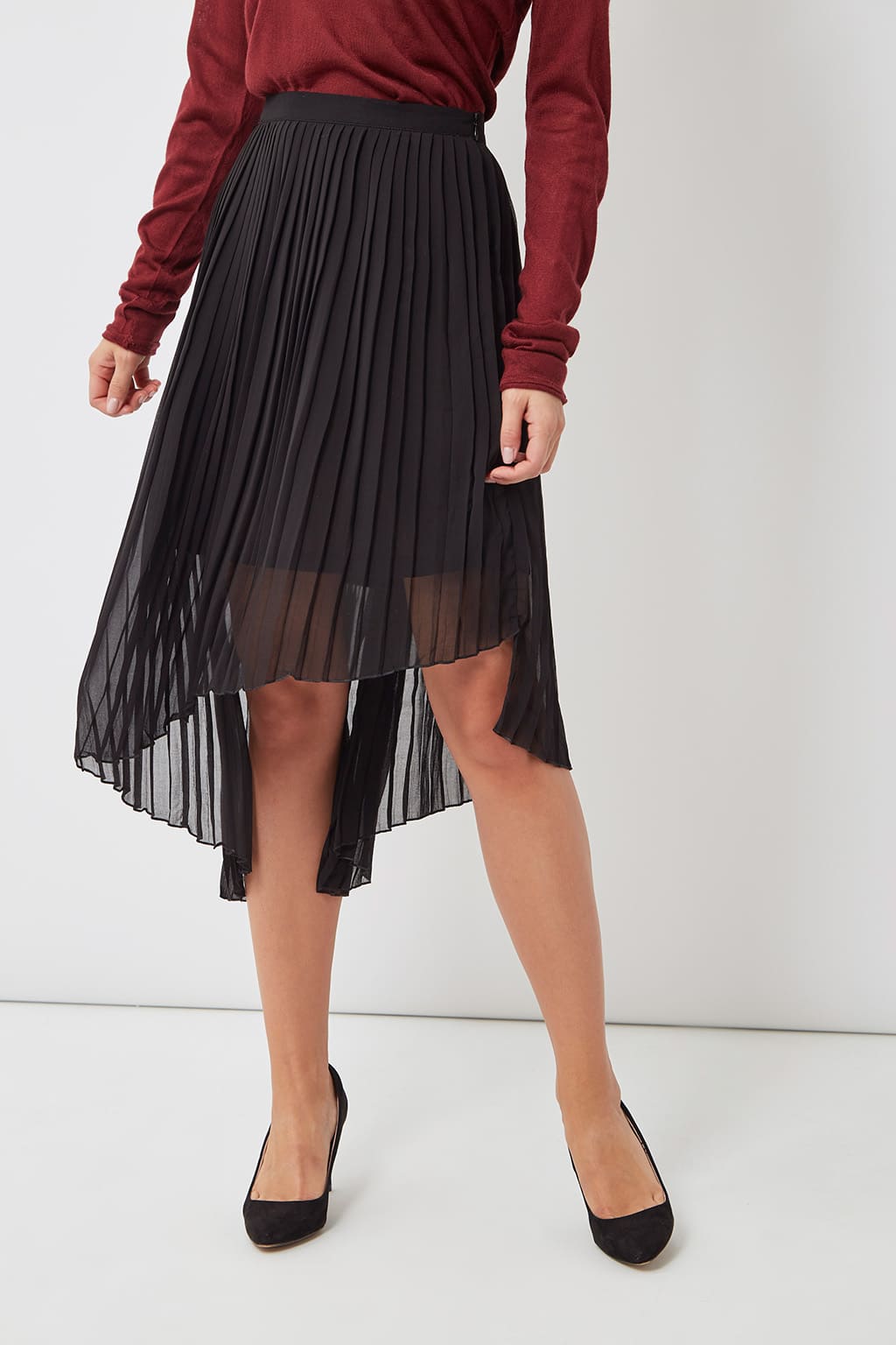 Falda midi plisada asimétrica mujer, skirt elegante vuelo ligero, cintura alta elástica, dobladillo irregular, estilo versátil, color negro, talla L, perfecta oficina, fiesta, urbana, combina blusas y tacones ✅Entrega 24/48h