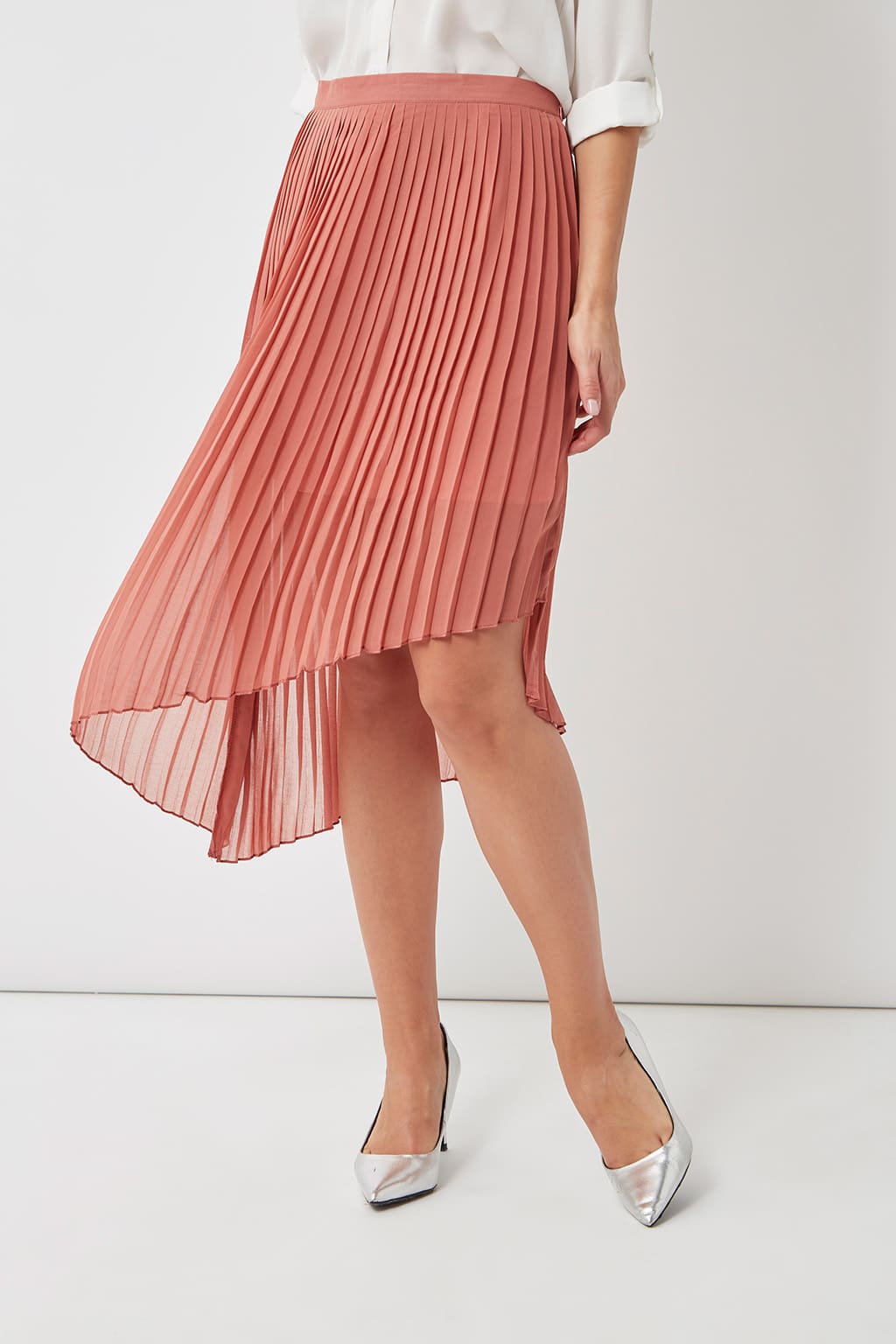 Falda plisada midi asimétrica rosa elegante mujer outfit oficina fiesta corte fluido, tela ligera, look sofisticado femenino, talla L, ideal primavera verano, cómodo versátil ✅Entrega 24/48h
