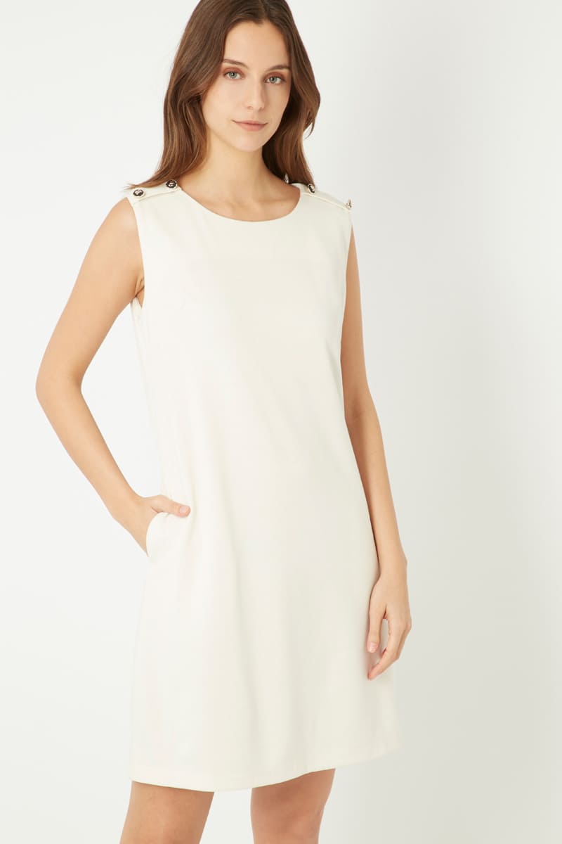 Vestido recto mujer sin mangas, dress estilo minimalista, trabillas decorativas metálicas, poliéster con forro, elegante y versátil, color beige, talla 38, cómodo y sofisticado ✅Entrega 24/48h