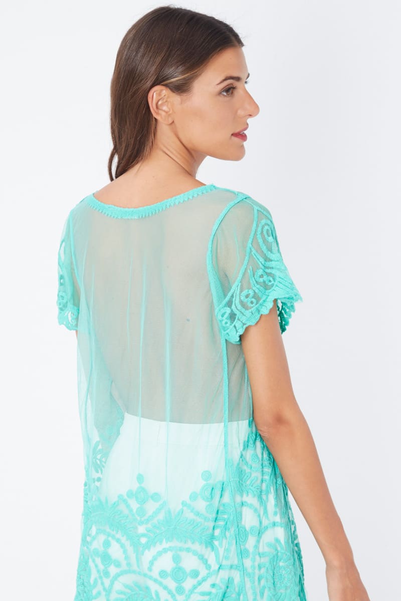 Top blusa fluida bordada manga corta volantes, cuello U, diseño fantasía, transparente, estilo boho chic, talla 38, color verde, cómodo y versátil ideal verano vacaciones✅Entrega 24/48h
